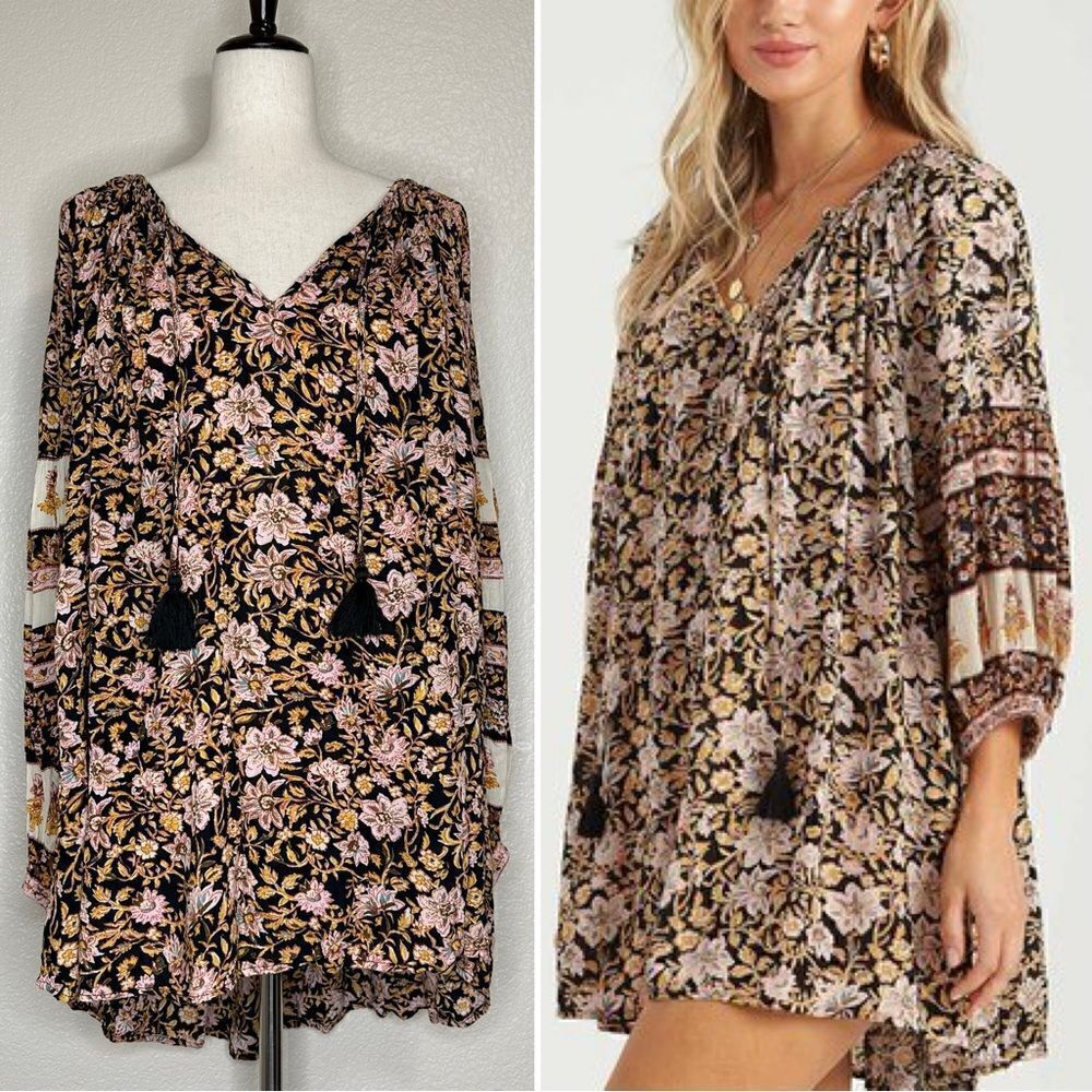 Billabong Boho Gypset Floral Tassel V-neck Mini Dress, Sz Medium